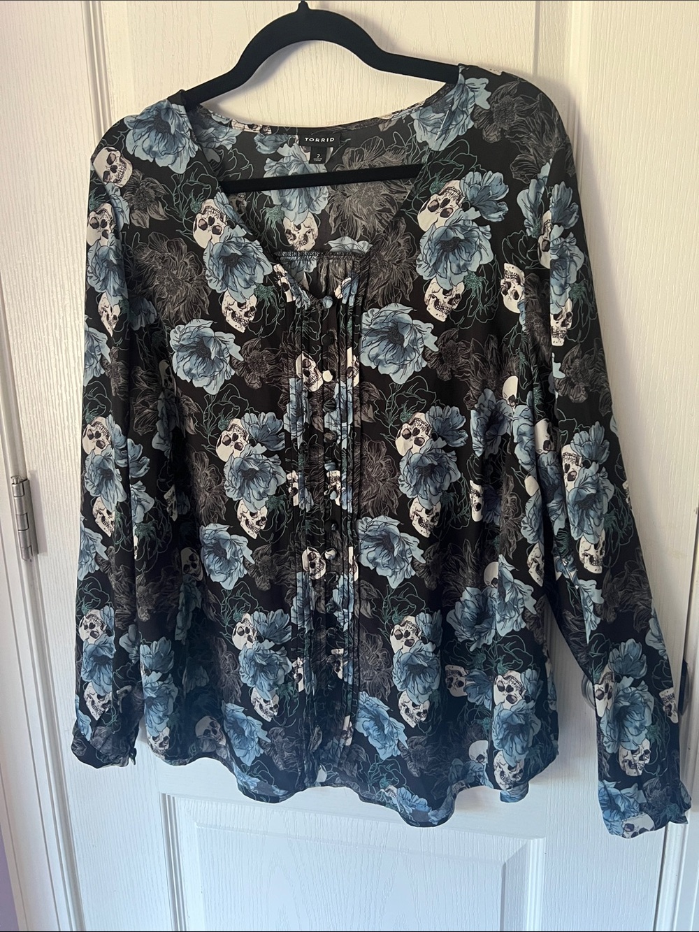 Torrid Black Sheer Blouse with Blue Floral and Skull Motif
